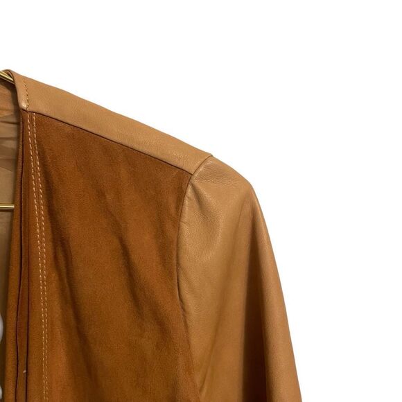 Hinge Tan Leather Suede Drappy Open Front Jacket Size Small - Picture 2 of 8